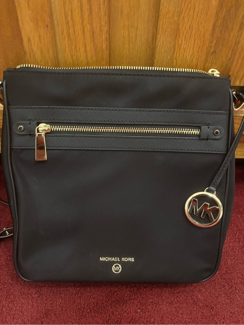 Michael Kors Black Nylon Messenger Bag with Gold Accents